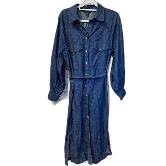 Banana Republic Utility Belted Denim Shirt-Waist Dress White Snap Buttons Large - Picture 1 of 12
